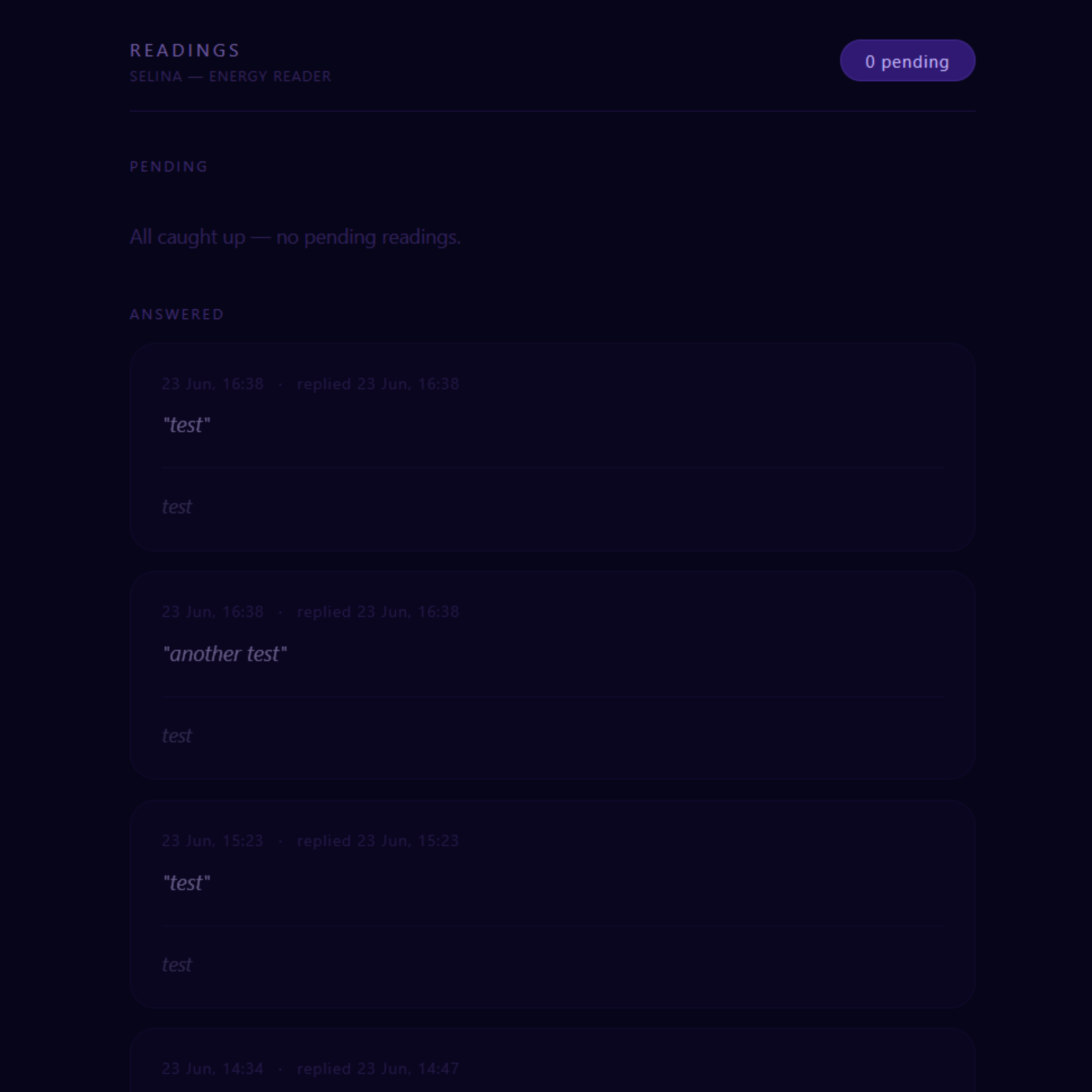 Admin view showing questions with no personal information